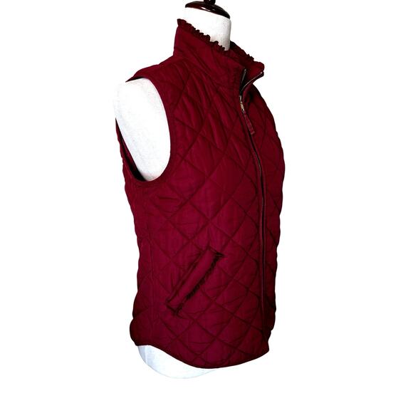J.Crew Quilted Burgundy Cherry Ruffle Puffer Vest Pockets Small Dark Boho Preppy - Picture 1 of 8